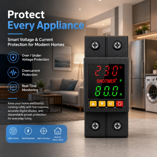 Imagine Releu protectie tensiune si curent Sinotimer SVP-718S, 80A, 230V, afisaj digital, negru
