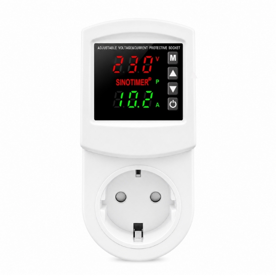Imagine Priza cu protectie tensiune si curent Sinotimer SVP-102VA-EU, 16A, 230V, afisaj digital, alba