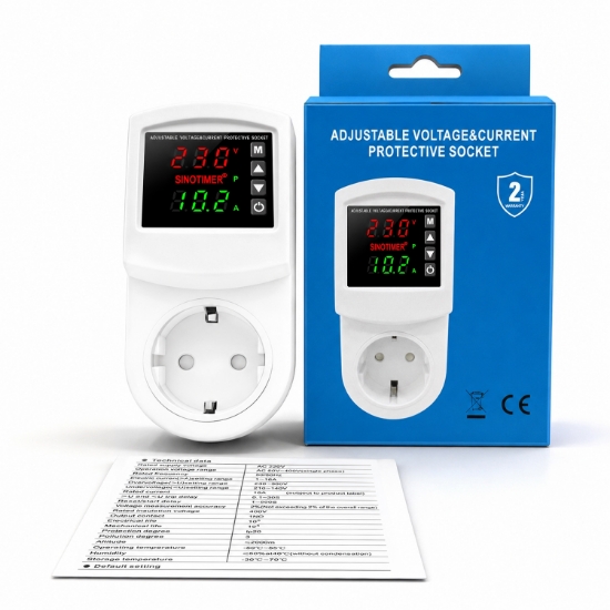 Imagine Priza cu protectie tensiune si curent Sinotimer SVP-102VA-EU, 16A, 230V, afisaj digital, alba