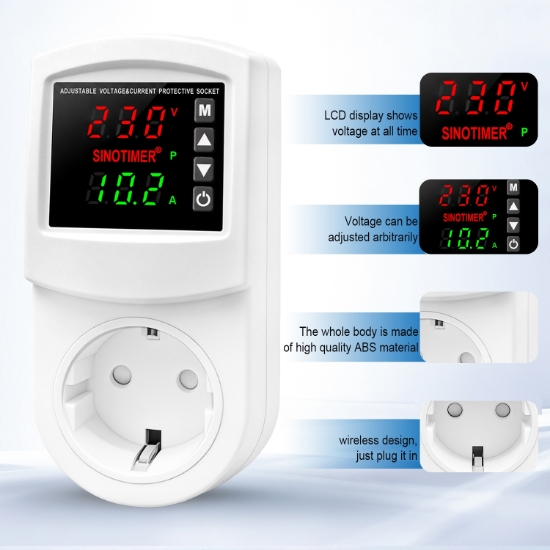 Imagine Priza cu protectie tensiune si curent Sinotimer SVP-102VA-EU, 16A, 230V, afisaj digital, alba