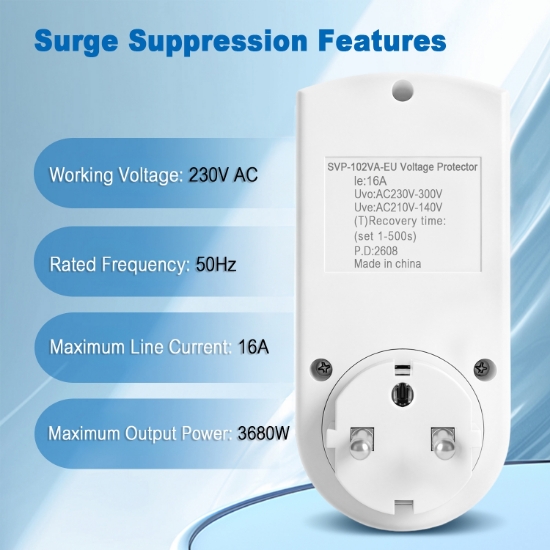Imagine Priza cu protectie tensiune si curent Sinotimer SVP-102VA-EU, 16A, 230V, afisaj digital, alba
