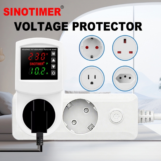 Imagine Priza cu protectie tensiune si curent Sinotimer SVP-102VA-EU, 16A, 230V, afisaj digital, alba