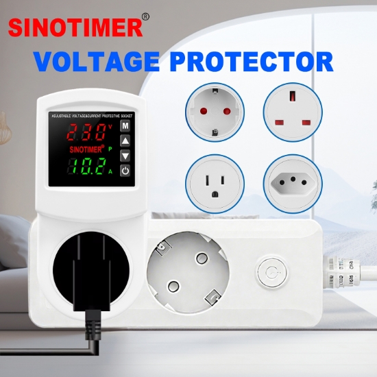 Imagine Priza cu protectie tensiune si curent Sinotimer SVP-102VA-EU, 16A, 230V, afisaj digital, alba
