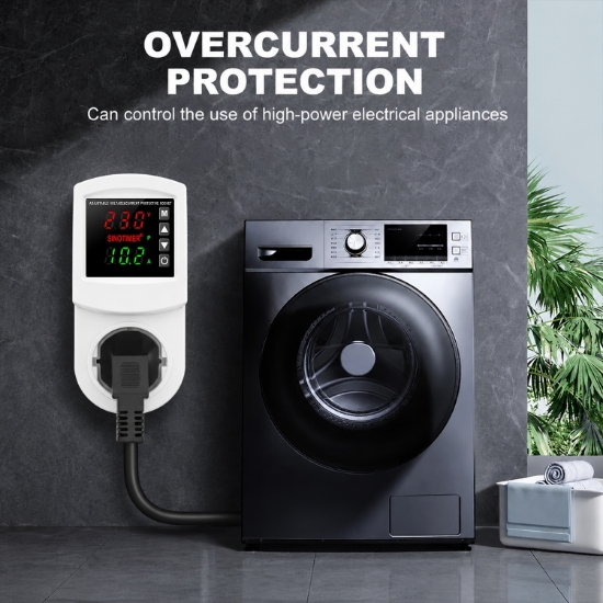 Imagine Priza cu protectie tensiune si curent Sinotimer SVP-102VA-EU, 16A, 230V, afisaj digital, alba