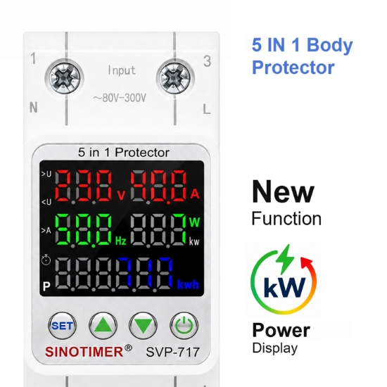 Imagine Releu protectie tensiune Sinotimer SVP-717, 40A, 5-in-1, supratensiune, subtensiune, supracurent, contor energie