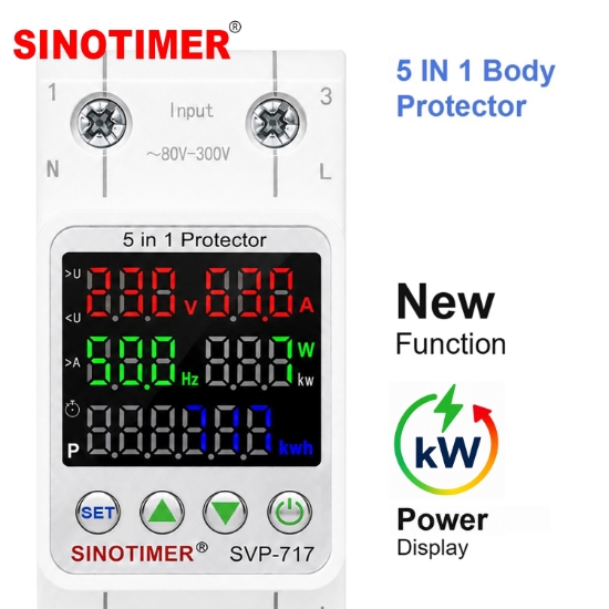 Imagine Releu protectie tensiune Sinotimer SVP-717, 63A, 5-in-1, supratensiune, subtensiune, supracurent, contor energie