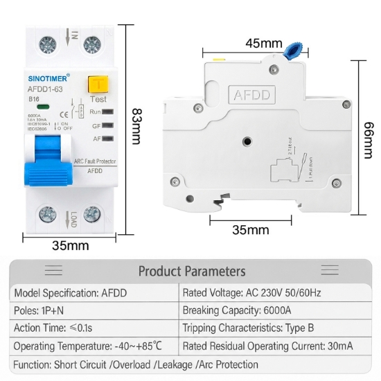 Imagine Intrerupator AFDD Sinotimer AFDD1-63 B16, 1P+N, 16A, 30mA, protectie arc electric, diferentiala, suprasarcina si scurtcircuit