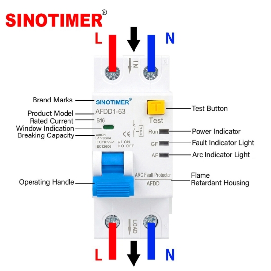Imagine Intrerupator AFDD Sinotimer AFDD1-63 B16, 1P+N, 16A, 30mA, protectie arc electric, diferentiala, suprasarcina si scurtcircuit