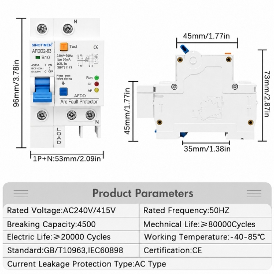 Imagine Protectie AFDD Sinotimer AFDD2-63 B10 10A 1P+N, 30mA, arc electric, diferentiala, suprasarcina, scurtcircuit