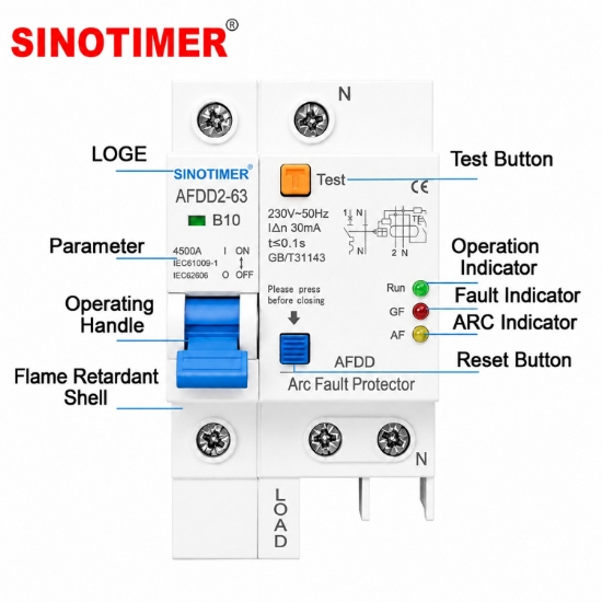 Imagine Protectie AFDD Sinotimer AFDD2-63 B10 10A 1P+N, 30mA, arc electric, diferentiala, suprasarcina, scurtcircuit