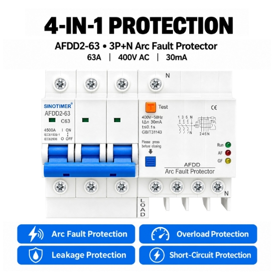Imagine Intrerupator AFDD Sinotimer AFDD2-63 C63 63A 3P+N 400V 30mA, protectie arc, diferentiala, suprasarcina