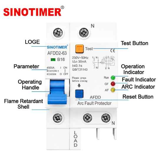 Imagine Intrerupator AFDD SINOTIMER AFDD2-63 B16, 1P+N, 16A, 230V, 30mA, protectie arc, diferentiala, 4.5kA