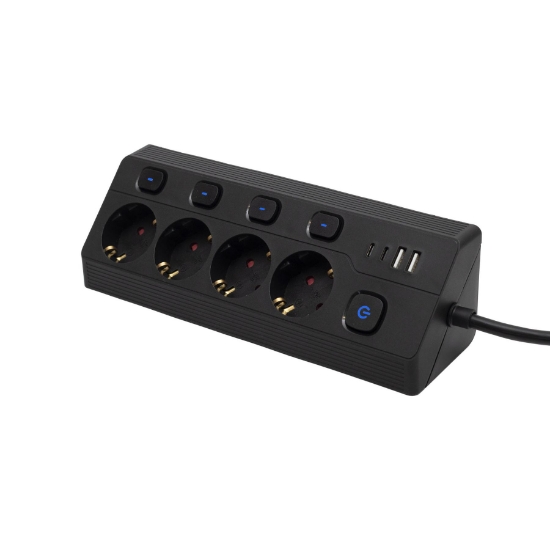 Imagine Priza multipla cu 4 prize, comutabilă individual, 2 m, negru, 2xUSB-C, 2xUSB-A