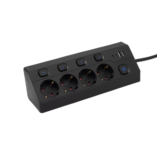 Imagine Priza multipla cu 4 prize, comutabilă individual, 2 m, negru, 2xUSB-C, 2xUSB-A