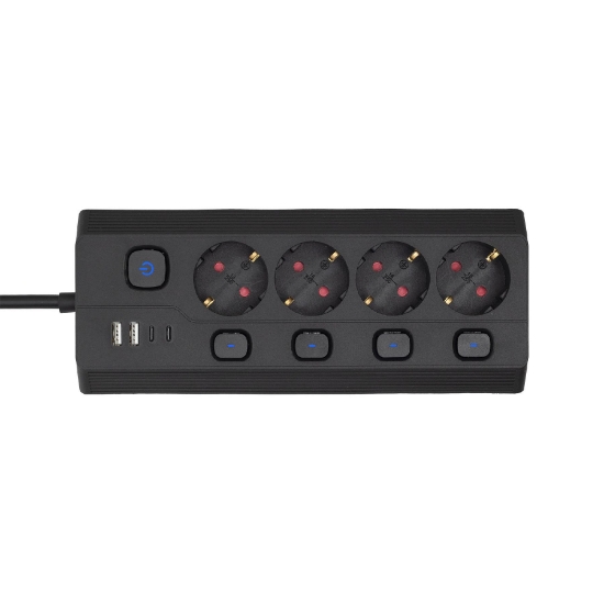 Imagine Priza multipla cu 4 prize, comutabilă individual, 2 m, negru, 2xUSB-C, 2xUSB-A
