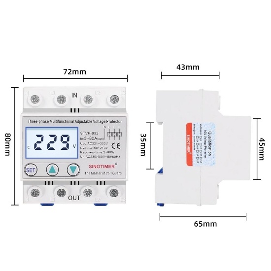 Imagine Releu trifazic, siguranta digitala  de protectie tensiune, Sinotimer, 380V, 63A, recuperare automata, STVP-932-63A