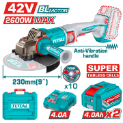 Imagine TOTAL - POLIZOR UNGHIULAR - 230MM - 42V - 2600W (INCLUDE 2 ACUMULATORI, 1 INCARCATOR)
