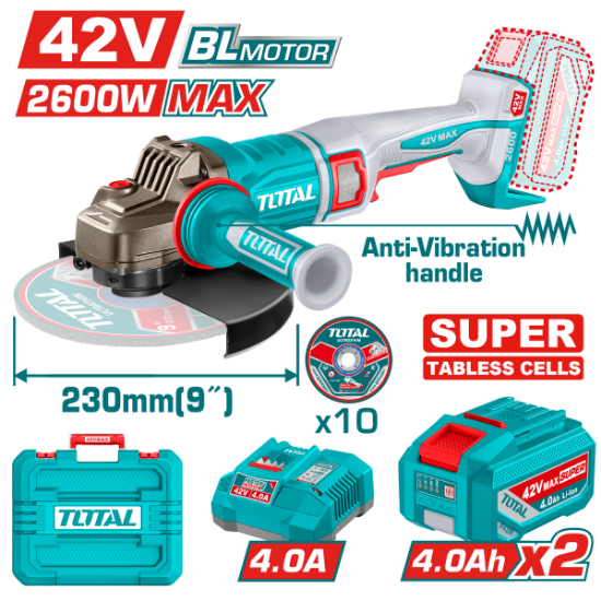 Imagine TOTAL - POLIZOR UNGHIULAR - 230MM - 42V - 2600W (INCLUDE 2 ACUMULATORI, 1 INCARCATOR)