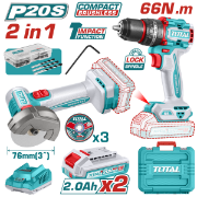 Imagine TOTAL - KIT COMBO - 20V - MASINA DE GAURIT CU PERCUTIE, MINI POLIZOR UNGHIULAR (INCLUDE 2 ACUMULATOR