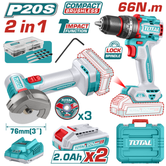 Imagine TOTAL - KIT COMBO - 20V - MASINA DE GAURIT CU PERCUTIE, MINI POLIZOR UNGHIULAR (INCLUDE 2 ACUMULATOR