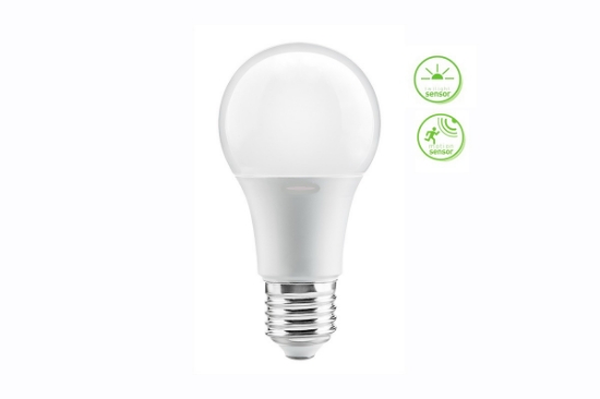 Imagine Bec LED E27 A60, 10 W, 810 lm, lumina calda 3000K, senzor de miscare si crepuscular