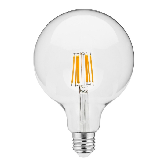 Imagine Bec LED filament E27 G125, 8 W, 810 lm, lumina calda 3000K, sticla transparenta